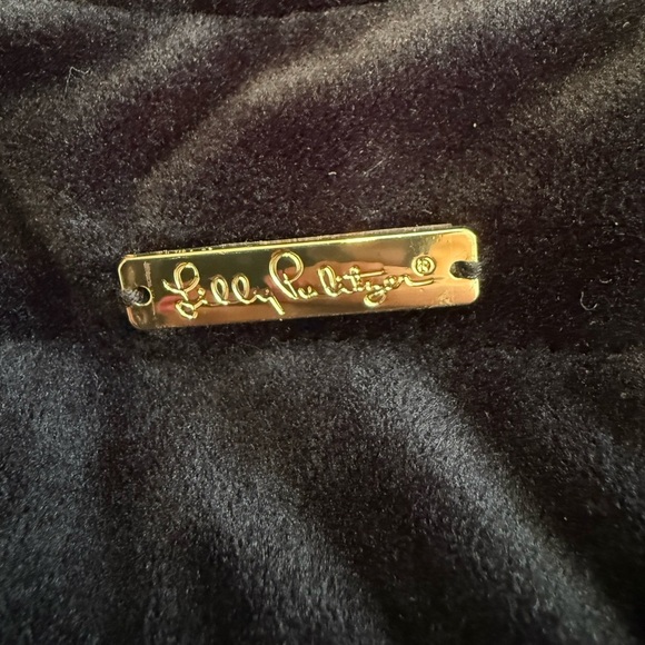 Lilly Pulitzer Velvet Down Puffer Vest Black Gold Buttons Size XS Print Lining - Picture 6 of 8